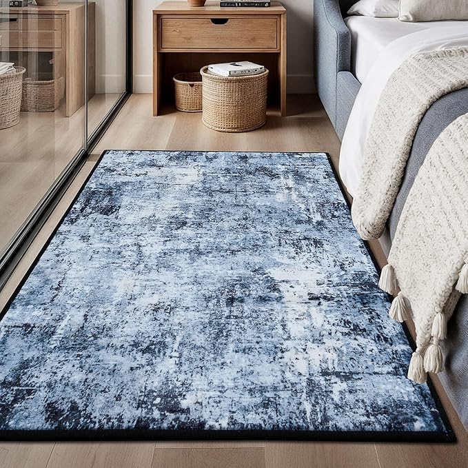 Rugflix 3x5 Entrance Rugs, Entry Rug Washable Non-Slip Stain-Resistant Low Pile Small Modern Dark Carpet, for Living Room Bedroom Indoor, Navy Blue/Black