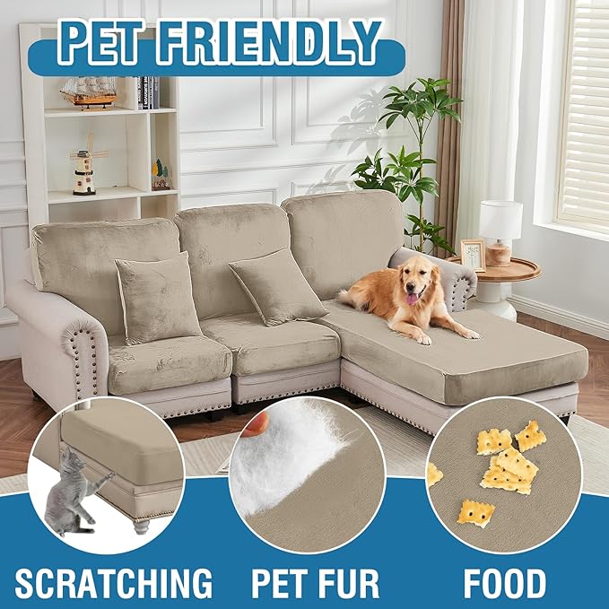 Couch Cover 3-Piece Elastic Velvet Couch Cushion Covers & Chaise Slipcovers for L-Shaped Sofas - Sofa Seat Covers Washable, Soft Cover for Couches (2 Seater + Chaise, Leather Brown)