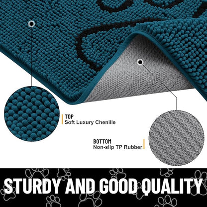 Smiry Dog Door Mat for Muddy Paws, Absorbent Dirt Trapper Non Slip Quick Dry Washable Chenille Mat for Mud Dogs, Entry Rug for Indoor and Outdoor (36x24 Inches, Atlantic Blue and Black)