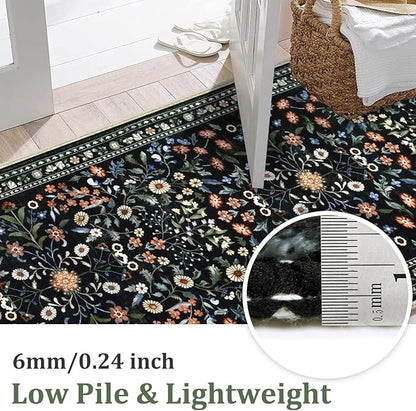 Yamaziot Washable Runner Rug 2x8 – Boho Non Slip Floral Hallway Runner Rug with Rubber Backing, Low Pile Distressed Carpet for Kitchen, Laundry, Bedroom, Entrance, Colorful Black