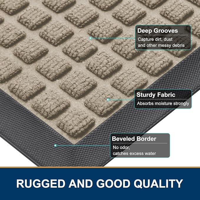 Smiry Front Door Mat Outside Entrance, Heavy Duty Natural Rubber Doormat, Non Slip, Trap Dirt and Moisture, Easy Clean, Low Profile Welcome Floor Mats for Indoor Outdoor Entry, 35x23 Inch, Beige