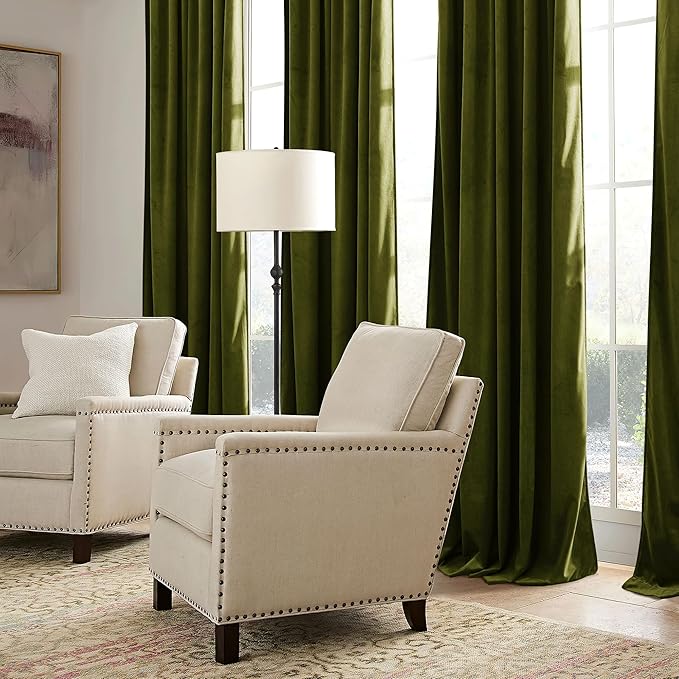 RYB HOME Green Velvet Curtains 72 inches with Hook Belt, Soft Fabric Room Darkening Thermal Insulated Luxurious Home Decor Curtains for Living Room Bedroom, W 52" x L 72", 2 Panels Set
