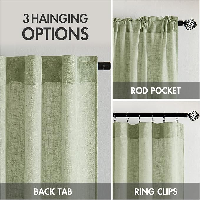 MIULEE Sage Green Linen Curtains 120 Inches Long for Bedroom Living Room, Soft Thick Linen Textured Window Drapes Semi Sheer Light Filtering Back Tab Rod Pocket Burlap Look Decor, 2 Panels 10 Ft