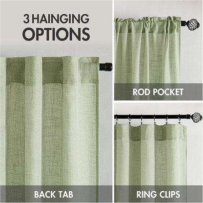 MIULEE Sage Green Short Linen Curtains 45 Inch Length 2 Panels for Kitchen Bedroom Bathroom, Soft Thick Linen Textured Basement Window Drapes Semi Sheer Light Filtering Back Tab Burlap Look Decor