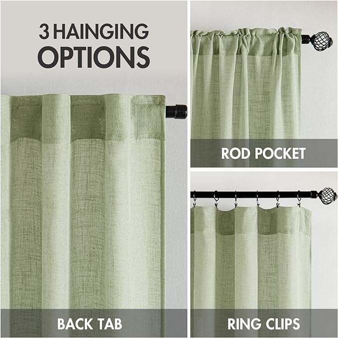 MIULEE Sage Green Linen Curtains 96 Inch Long for Bedroom Living Room, Soft Thick Linen Textured Window Drapes Semi Sheer Light Filtering Back Tab Rod Pocket Burlap Look Farmhouse Decor, 2 Panels