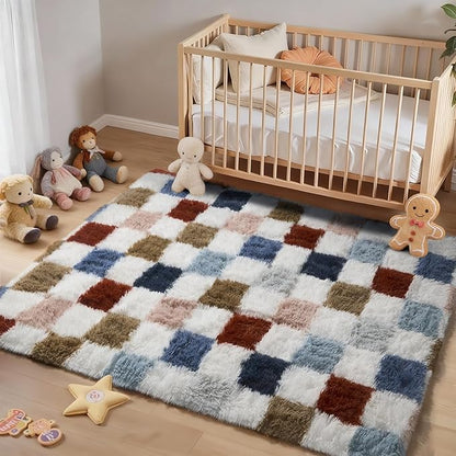 Ophanie Checkered Rainbow Rug for Living Room Bedroom,Colorful Fluffy Soft Cute Fuzzy Area Rugs, Shag Plush Shaggy Bedside Floor 4x6 Furry Carpet for Kids Baby Teen Dorm Nursery Home Decor Aesthetic