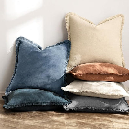 MIULEE Decorative Throw Pillow Covers Neutral Linen Fringe Throw Pillows Set of 2 Blue Ashes Boho Farmhouse Cushion Covers with Tassels for Couch Sofa Bed Spring Home Decor 26x26 Inch