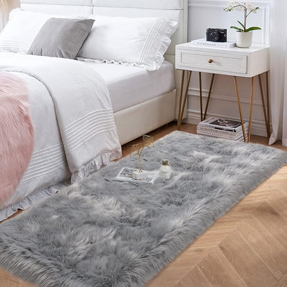 Grey Fluffy Rug for Bedroom, 2'X6' Faux Fur Rug for Runner, Gray Soft Shag Rug for Sofa Couch Cushion, Cozy Shaggy Fuzzy Plush Floor Carpet for Nursery, Cute Bedside Dorm Home Decor Rectangle