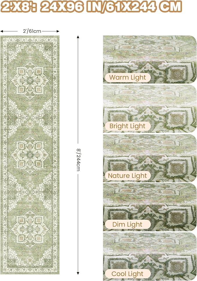 Runner Rug 2x8 Runners for Hallways Non Slip Washable, Vintage Hallway Runner Rugs for Living Room, Low Pile Soft Hallway Rug for Kitchen Bedroom Laundry Room Rug(Light Green,2'x8')