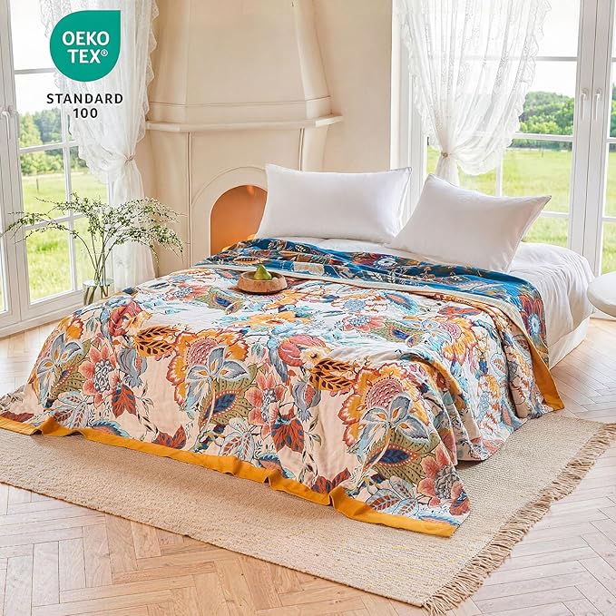 MSGKV Boho Throw Blanket 90"x90" Floral Cotton Blanket for Bed Spring Breathable Lightweight Farmhouse Queen Blankets Home Decor Muslin All Seasons