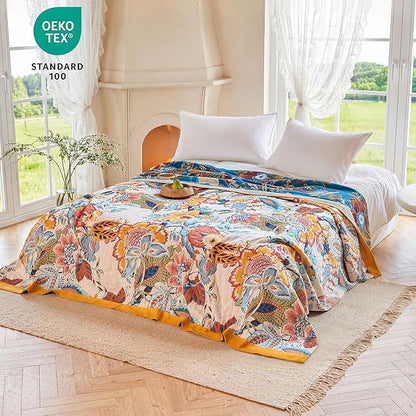MSGKV Boho Throw Blanket 90"x90" Floral Cotton Blanket for Bed Spring Breathable Lightweight Farmhouse Queen Blankets Home Decor Muslin All Seasons
