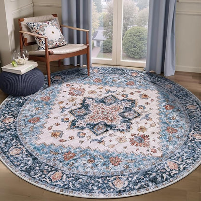 SERISSA Boho Round Area Rug, 5ft Washable Non-Slip Circle Rug, Ultra Soft Oriental Vintage Blue Orange Low-Pile Circular Carpet for Bedroom Entryway Kids Room Office College Dorm Living Room