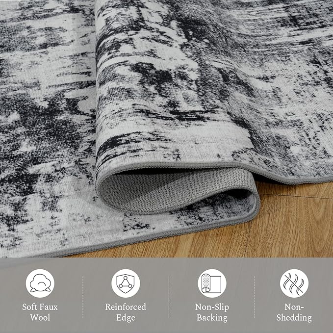Rugflix 9x12 Area Rugs for Living Room, Washable Large Rug Stain-Resistant Low Pile, Modern Dark Carpet for Dining Room Home Office Kid Room Nursery Bedroom, Black Grey