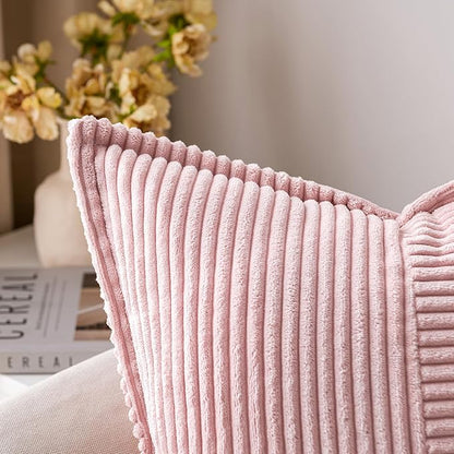 MIULEE Pink Corduroy Decorative Euro Sham Pillow Covers 24x24 Inch with Splicing Set of 2 Soft Boho Pillow Covers Broadside Textured Pillowcases for Couch Bed Livingroom