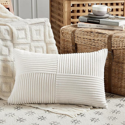Fancy Homi 2 Packs Cream White Lumbar Decorative Throw Pillow Covers 16x32 Inch for Living Room Couch Bed, Rustic Farmhouse Boho Home Decor, Soft Striped Corduroy Rectangle Accent Cushion Case 40x80cm