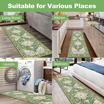 Yamaziot Washable Runner Rug, 2x6 Non-Slip Boho Vintage Hallway Rug Runner with Rubber Backing, Stain Resistant & Low Pile Faux Wool Distressed Carpet Runner for Kitchen, Laundry, Entrance, Green