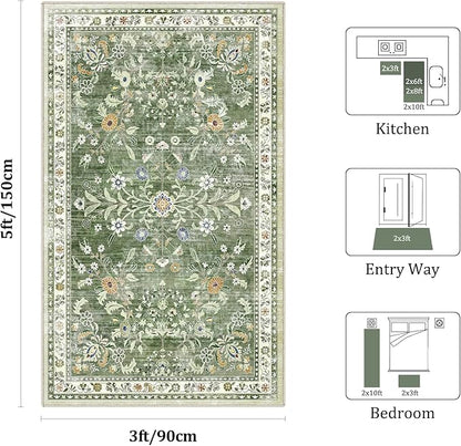 Yamaziot Washable Area Rug 3x5 – Small Non Slip Boho Area Rug for Bedroom, Low Pile Distressed Carpet for Living Room, Bedroom, Kitchen, Entrance, Green
