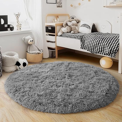 4'x4' Grey Round Rug for Bedroom, Ultra Soft Fluffy Circle Rug for Kids Girls Boys Room, Cute Shag Rugs for Living Room Playroom Teen Room Home Decor Rug