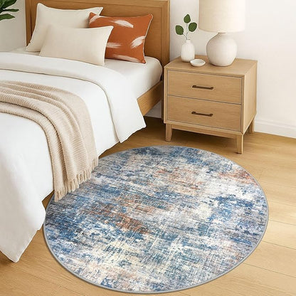 IOHOUZE Round Area Rug 5 Ft Circle Entryway Rugs Round Washable Door Mat Indoor Entrance, Non Slip Circle Front Door Rug, Printed Abstract Faux Wool Floor Carpet for Foyer Porch Sink, Blue Rust