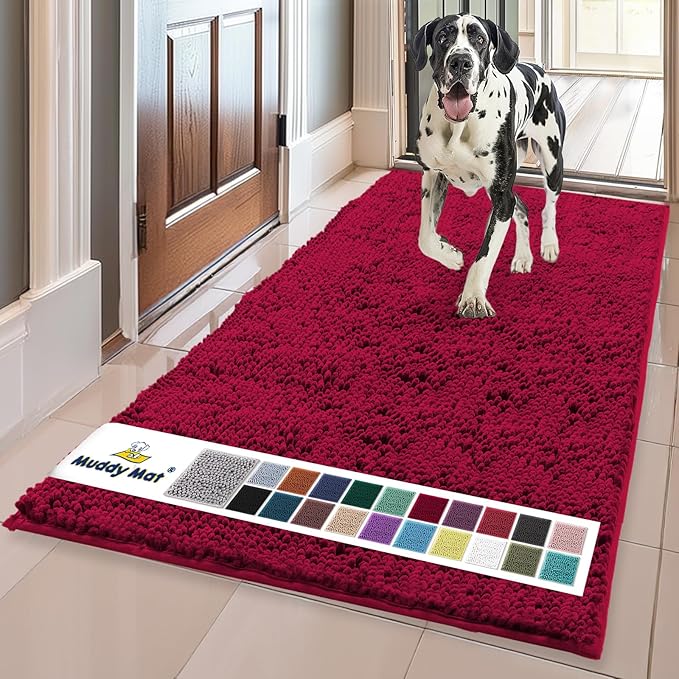 Muddy Mat® | Super Absorbent Door Mat Indoor, Microfiber Quick Dry Chenille Entryway Rug, Non-Slip Front Door Mat, Indoor Mats for Entryway, Machine Washable Pet Rug, Maroon 24" x 72"