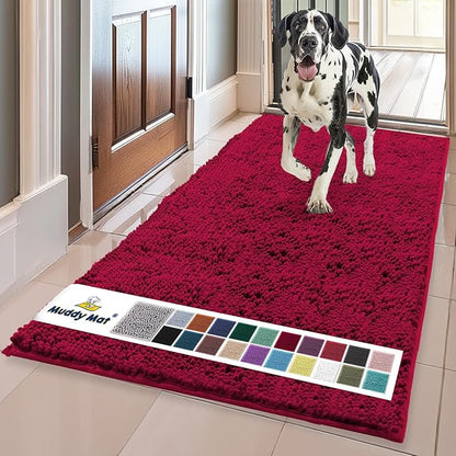 Muddy Mat® | Super Absorbent Door Mat Indoor, Microfiber Quick Dry Chenille Entryway Rug, Non-Slip Front Door Mat, Indoor Mats for Entryway, Machine Washable Pet Rug, Maroon 24" x 72"