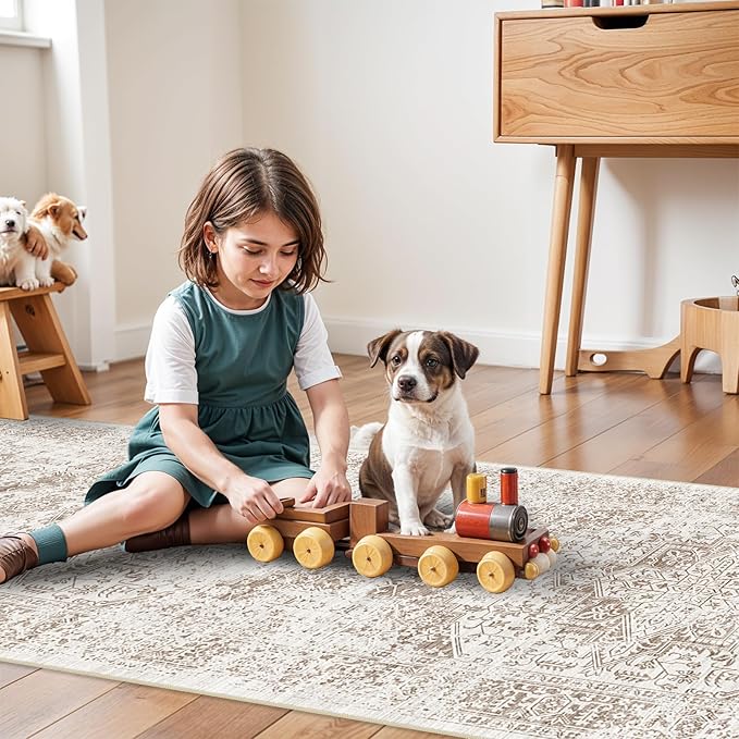 Washable 2'6''x16' Runner Rug - Non-Slip Vintage Runner Rug for Entryway Low-Pile Medallion Long Rugs for Hallway Waterproof Traditional Runner Rugs Indoor Thin Rug for Kitchen (Cream/Beige)