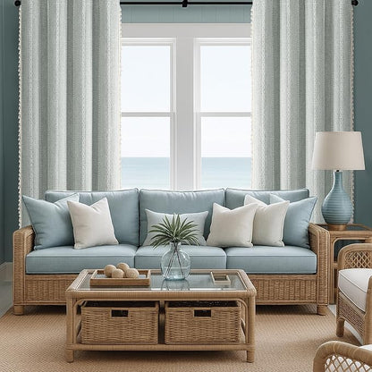 Teal Boho Blackout Curtains 90 Inches Long Light Green Linen Blend 2 Panels with Tassels and Cotton Embroidery, Farmhouse Vintage Rustic Rod Pocket Drapes for Living Room or Bedroom