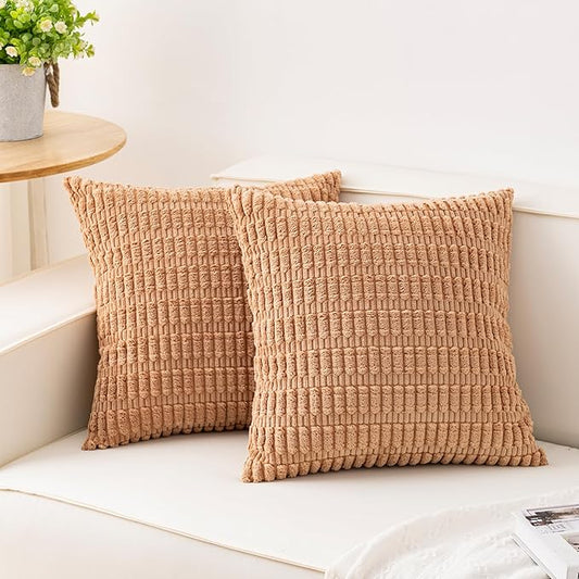 Pack of 2 Corduroy Decorative Throw Pillow Covers 18x18 Inch Soft Striped Pillow Covers Modern Farmhouse Home Decor for Sofa Living Room Couch Bed（Apricot）