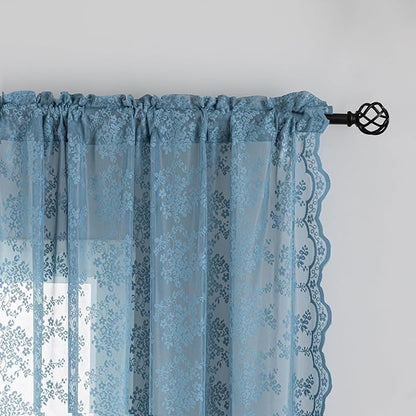 YJ YANJUN Vintage Lace Curtains 63 Inch Length-Victorian Floral Pattern Stone Blue Sheer Curtains for Boys Bedroom Privacy Summer Beach Themed Ocean Coastal Room Decor 2 Panles W52 X L63 Dusty Blue