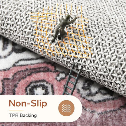 OPPODREAM Soft Area Rugs 4x6, Low-Pile Washable Rugs 4x6 with Non Slip Backing, Faux Cashmere 4 x 6 Throw Carpet, Pink & Cream