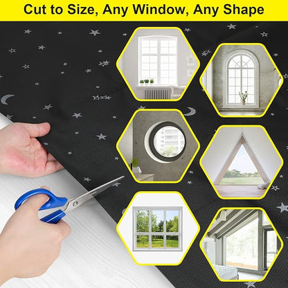 FADOTY 100% Blackout Window Cover Film, Portable Black Out Curtains for Bedroom, Cuttable Blackout Shades Fabric Sheet, No Drill Window Blinds, Sun Heat Light Blocker for Travel Media Dorm, 57'' W