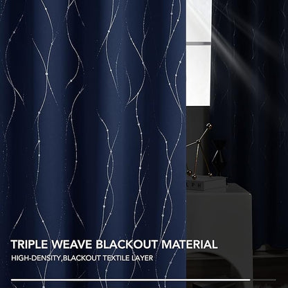 Deconovo Navy Blue Curtains, Blackout Curtain for Bedroom, 38 x 84 Inch, Thermal Insulated Soundproof Privacy Drapes with Silver Wave Dots Pattern, Grommet Top, Machine Washable Panel for Living Room