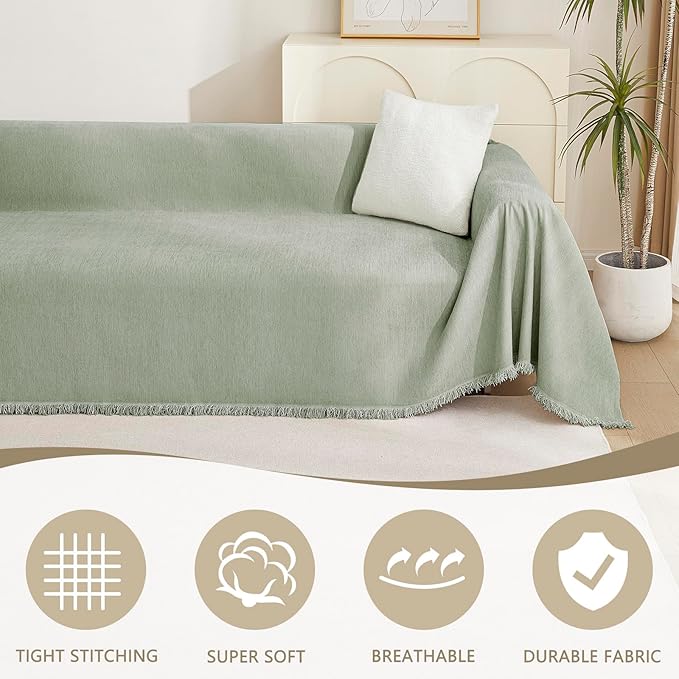 MYSKY HOME Easy Fitted Couch Cover for Dogs Stain Resistant Couch Cover Sage Sofa Covers for 2 Cushion Couch Multi-Use Sectional Couch Covers for Loveseat Universal Tassel Sofa Throw 91"X 118"