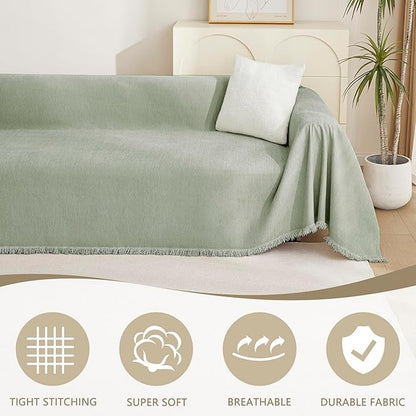 MYSKY HOME Easy Fitted Couch Cover for Dogs Stain Resistant Couch Cover Sage Sofa Covers for 2 Cushion Couch Multi-Use Sectional Couch Covers for Loveseat Universal Tassel Sofa Throw 91"X 118"