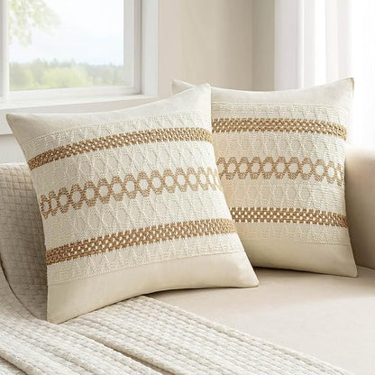 MIULEE Set of 2 Neutral Boho Decorative Pillow Covers 18x18 Inch Farmhouse Rustic Couch Throw Pillows Modern Spring Cotton Cushion Covers Retro Cute Macrame Woven Home Decor for Bed Sofa Chair