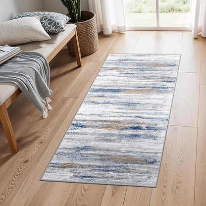 2x4 Washable Entryway Runner Rugs: Easy-to-Clean Runners for Hallway Bedroom - Stain and Water Resistant Rug with Non-Slip Backing - Soft Low-Pile Door Mat Kitchen Carpet Navy Grey