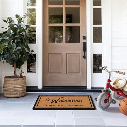 Barnyard Designs Natural Coco Coir Heavy Duty Backing Doormat - Large Cute Non-Slip Front Door Welcome Mat for Outside Entrance or Porch Entry, Brown (17x30, Chaos)