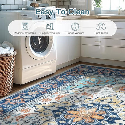 Lofus 6x9 Area Rugs for Living Room, Washable Area Rug, Rugs for Bedroom, Kitchen, Vintage Boho Carpet, Soft Non-Slip, Low Pile Large Area Rug for Office Dining Room, Floral Blue