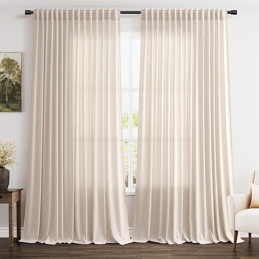 Beige Large Window Curtains Light Filtering Semi Sheer Privacy Linen Textured Curtain for Patio Sliding Glass Door Extra Wide Rustic Farmhouse Drapes for Living Room Bedroom Sunroom 100x90 Inch