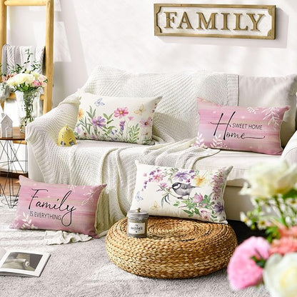 AVOIN colorlife Spring Saying Flowers Butterfly Pink Throw Pillow Covers, 12 x 20 Inch Home Sweet Home Cushion Case for Sofa Couch Set of 4