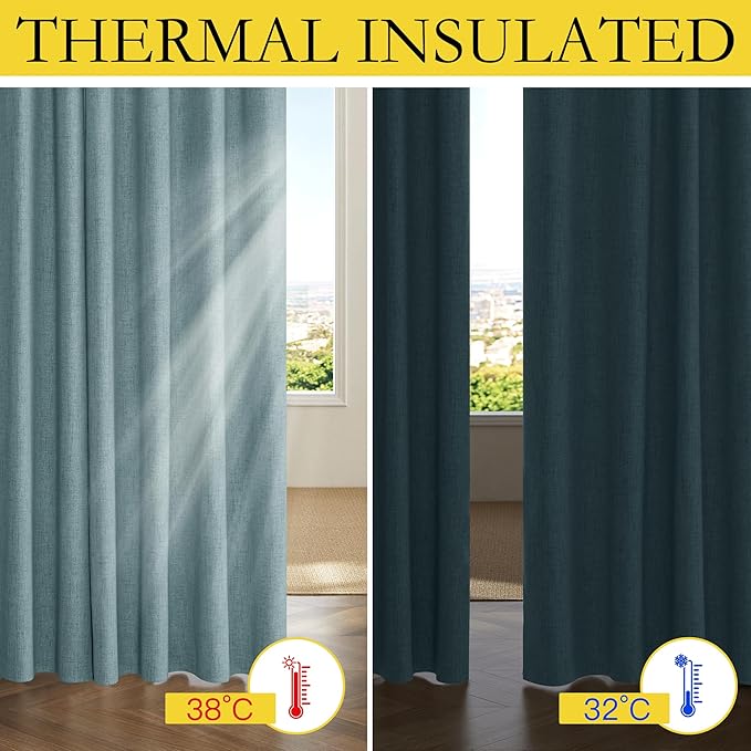 NICETOWN 100% Absolutely Blackout Linen Curtains with Thermal Insulated Liner, Skylark Blue, 52" Wide, 45" Length Energy Saving Curtains for Living Room 2 Panels Set, Vertical Blinds