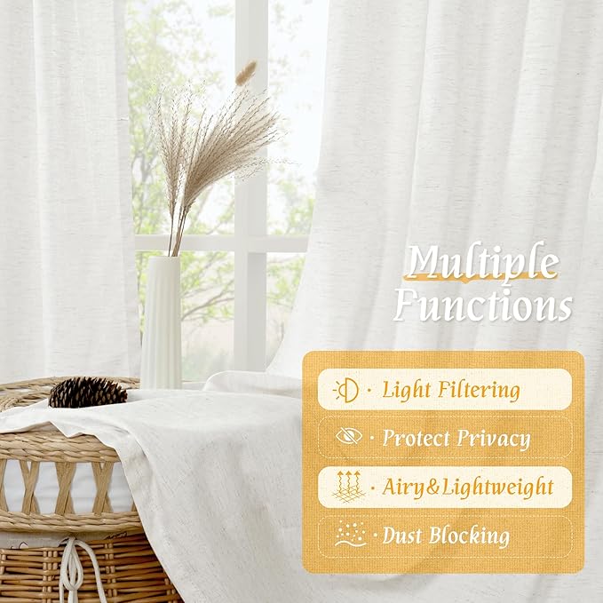 LAMIT Ivory White Linen Curtains 72 inches Long for Living Room, Soft Thick Light Filtering Rod Pocket Privacy Window Treatments Drapes for Bedroom/Dinging Room, 2 Panels Set, 52 x 72 Inch