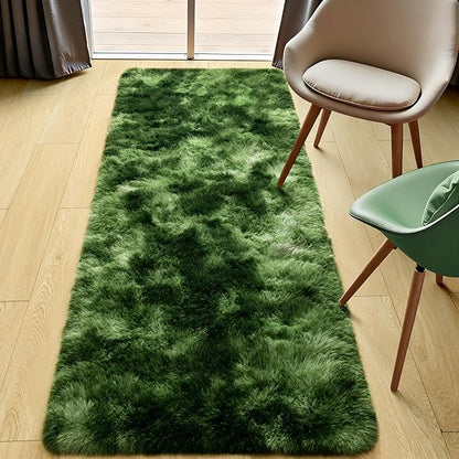 Tepook Soft Runner Rugs for Bedroom 2x6 with Rubber Backing, Tie-Dyed Dark Green Fluffy Rugs for Hallway, Shag Bedside Rug Fuzzy Plush Carpet for Living Room Dorm Nursery Indoor Home Decor
