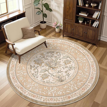 GarveeHome Pinkish Brown Botanical Grove 5ft Round Rug, Small Circle Vintage Cottagecore Soft Low-Pile Non-Slip Washable Rugs for Living Room Bedroom Nursery Kitchen Retro Carpet