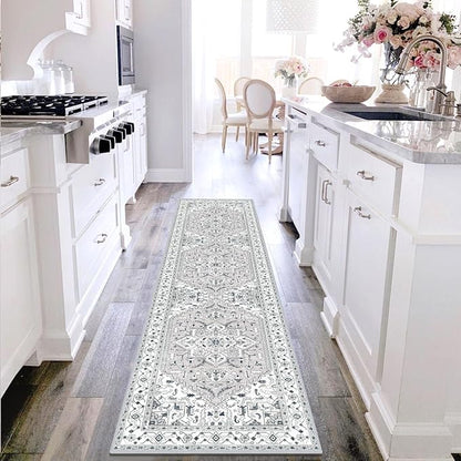Yamaziot Washable Runner Rug, 2x8 Non-Slip Boho Vintage Hallway Rug with Rubber Backing, Low Pile Faux Wool Distressed Carpet Runner for Bedroom, Kitchen, Laundry, Entrance