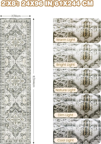 Runner Rug 2x8 Runners for Hallways Non Slip Washable, Vintage Hallway Runner Rugs for Living Room, Low Pile Soft Hallway Rug for Kitchen Bedroom Laundry Room Rug(Grey/Beige,2'x8')