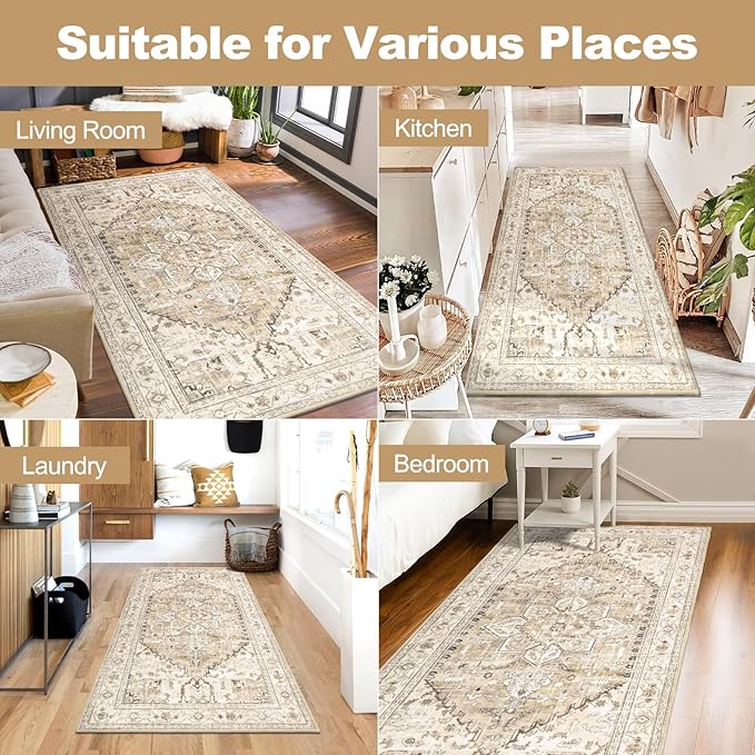 Yamaziot Washable Runner Rug, 3x6 Non-Slip Boho Vintage Hallway Rug with Rubber Backing, Low Pile Faux Wool Distressed Carpet Runner for Bedroom, Kitchen, Laundry, Entrance