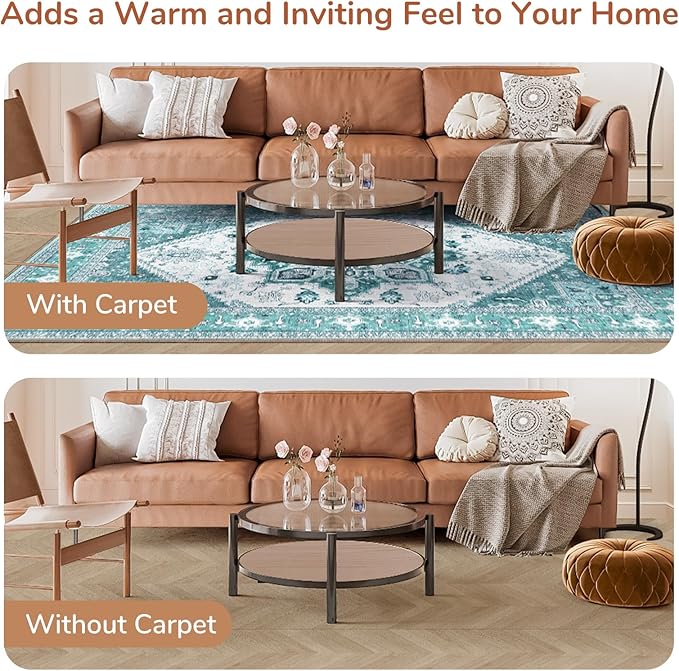 OPPODREAM Soft Area Rugs 4x6, Low-Pile Washable Rugs 4x6 with Non Slip Backing, Faux Cashmere 4 x 6 Throw Carpet, Teal & Turquoise & Cream