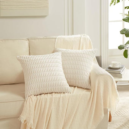 Fancy Homi 4 Packs Neutral Small Decorative Throw Pillow Covers 14x14 Inch for Living Room Couch Bed Sofa, Rustic Farmhouse Boho Home Decor, Soft Plush Striped Corduroy Square Cushion Case 35x35 cm