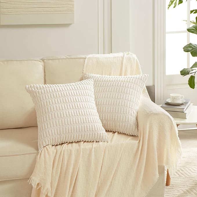 Fancy Homi 4 Packs Neutral Euro Decorative Throw Pillow Covers 26x26 Inch for Living Room Couch Bed Sofa, Rustic Farmhouse Boho Home Decor, Soft Plush Striped Corduroy Square Cushion Case 66x66 cm